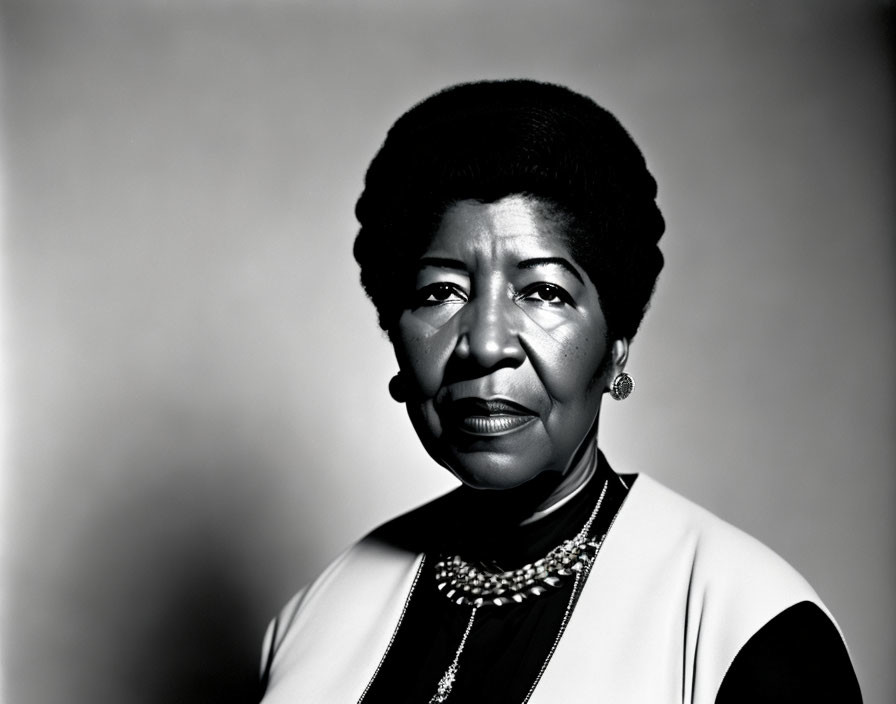 Elegant black and white portrait of dignified elderly woman