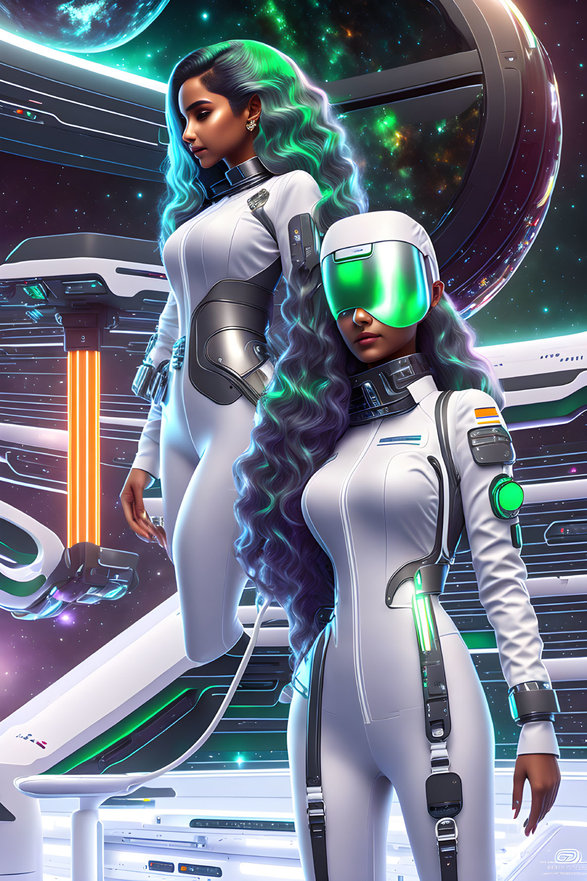 Futuristic female figures in white and silver space suits by starship