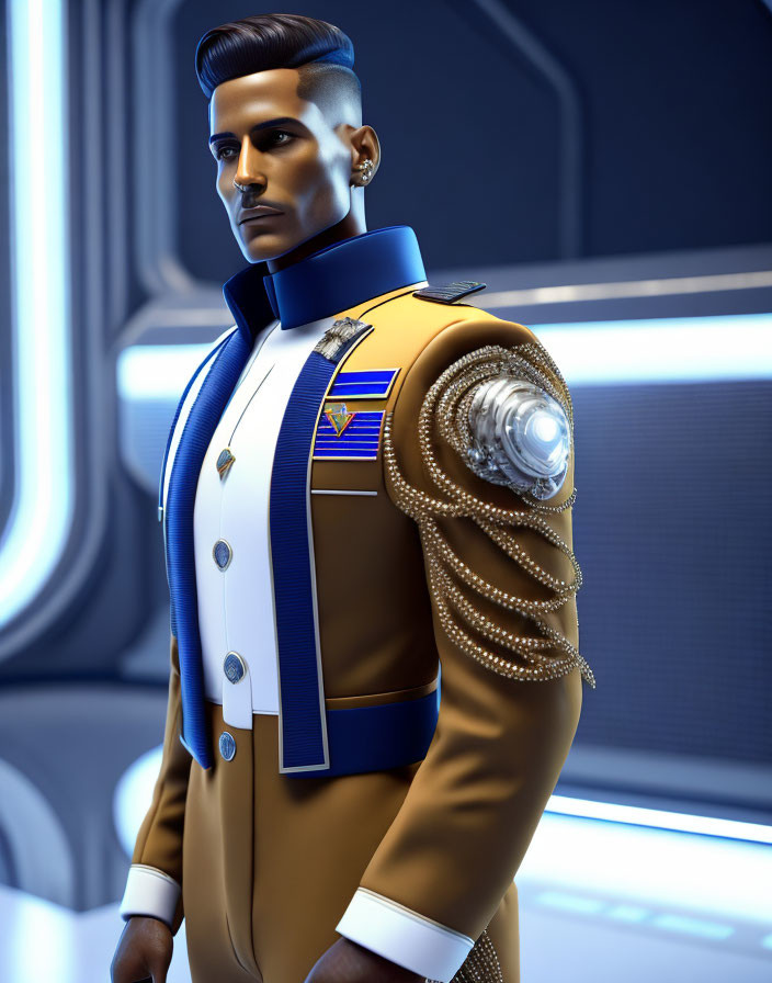 Male figure in futuristic military uniform against sci-fi background