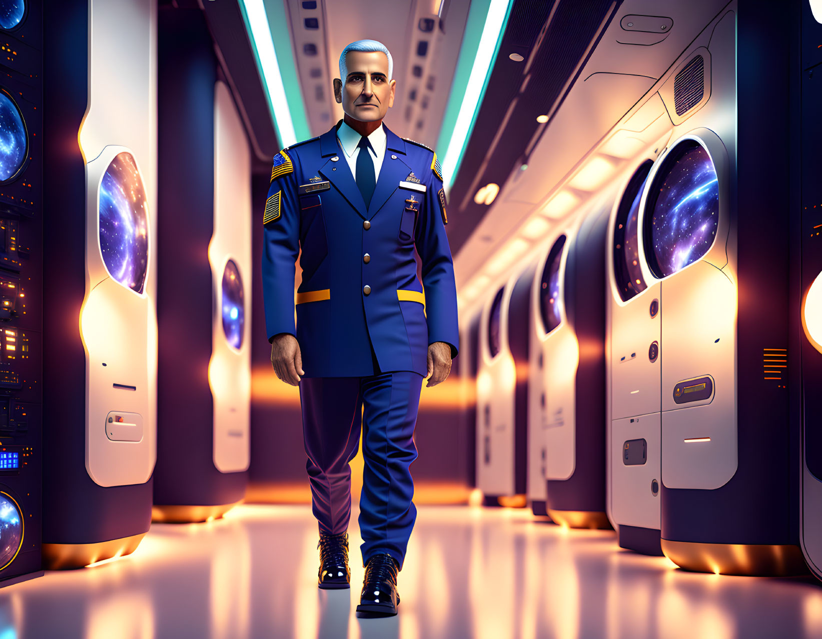 Confident man in blue military uniform in futuristic spaceship corridor