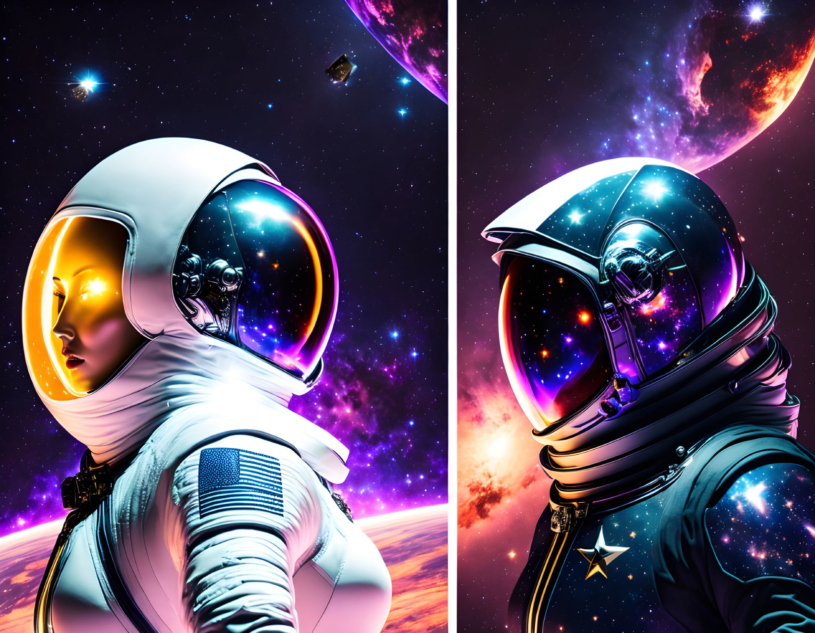 Astronauts in space with vibrant cosmic background