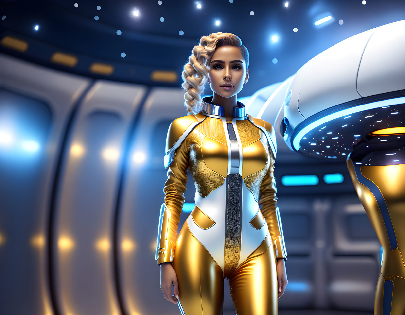 Futuristic woman in gold and white spacesuit with robot in spaceship corridor