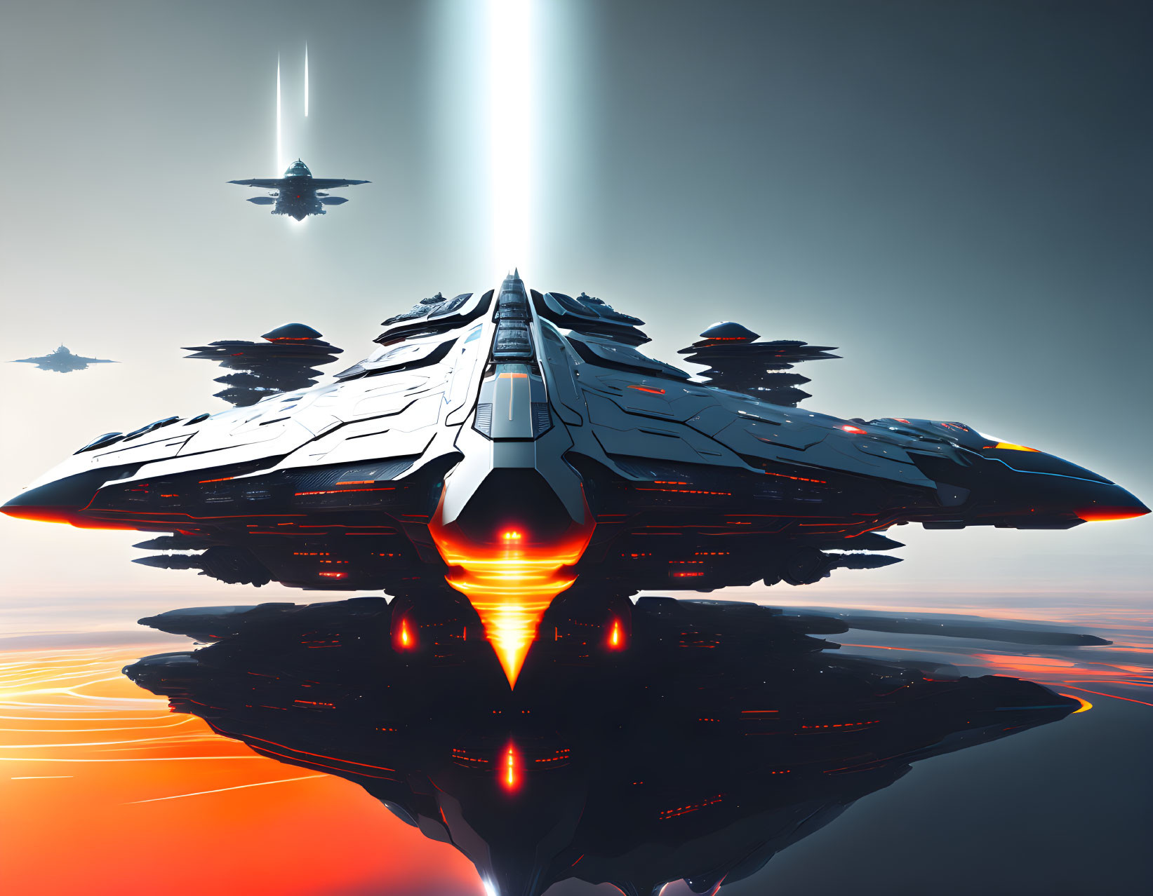 Advanced spaceships hover over orange liquid in futuristic sci-fi scene