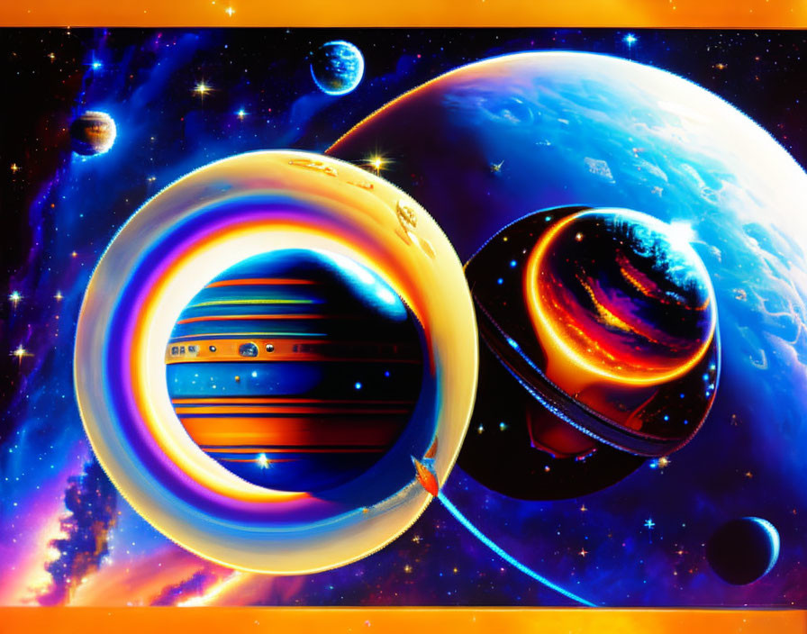 Colorful cosmic scene: planets, stars, rocket, ringed planet, nebulae.