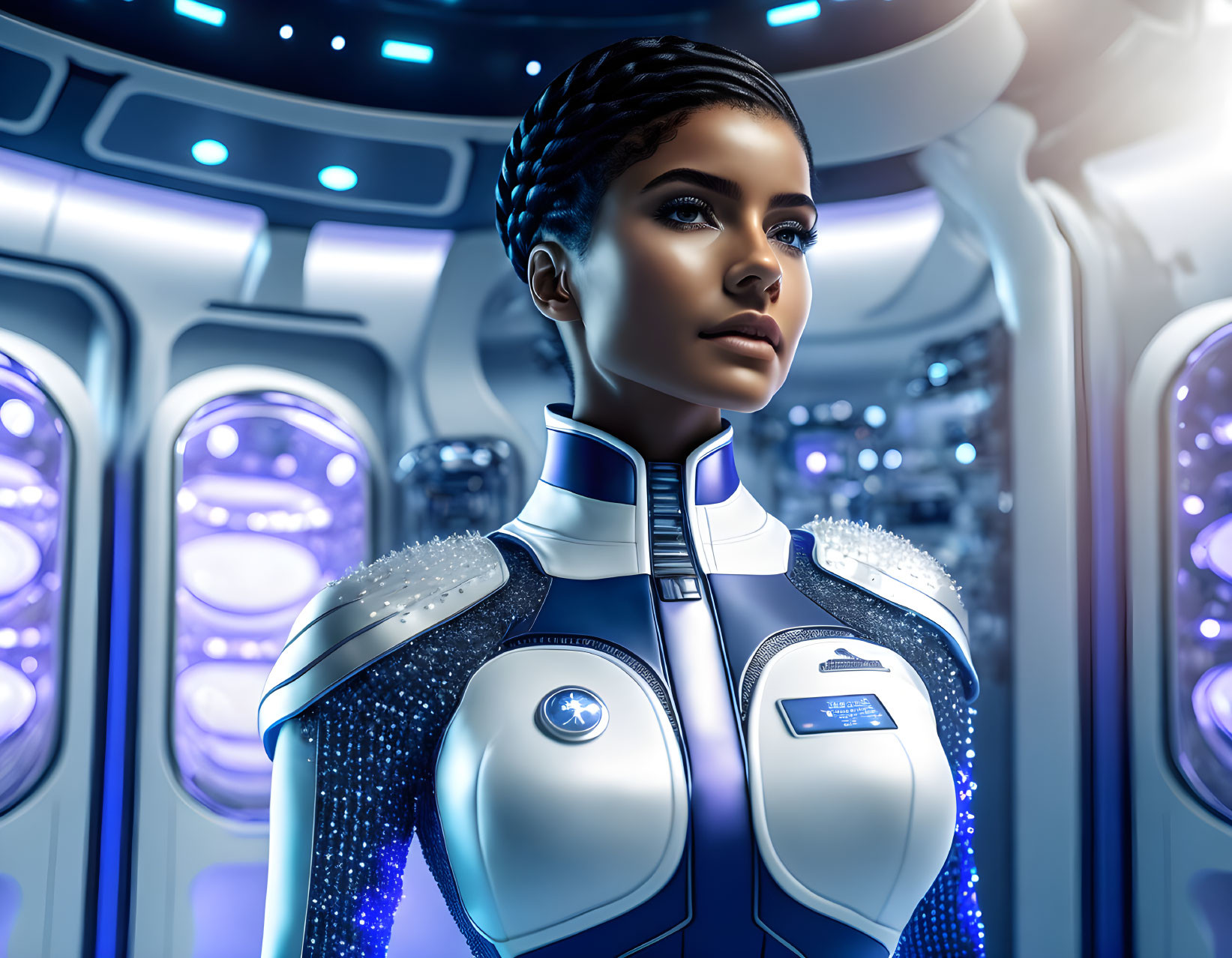 Futuristic female figure in spaceship with blue glowing elements