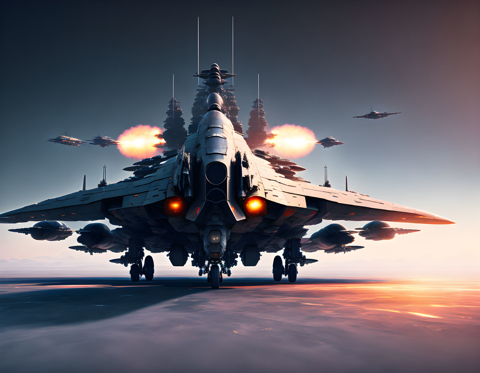 Futuristic jet with afterburners over reflective water and escorting aircraft in dusky sky