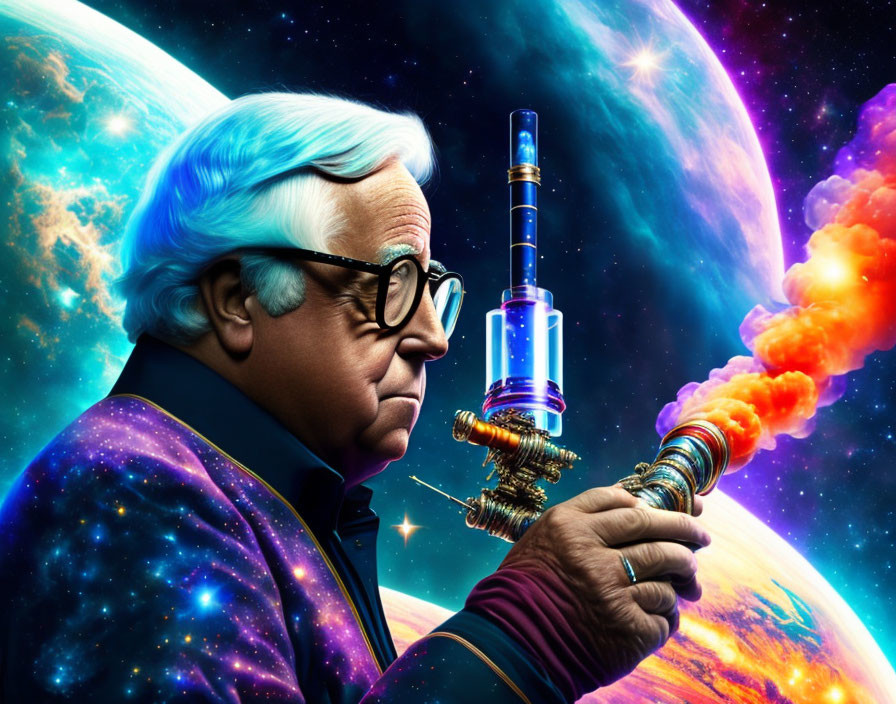 Eccentric scientist with intricate ray gun against cosmic backdrop