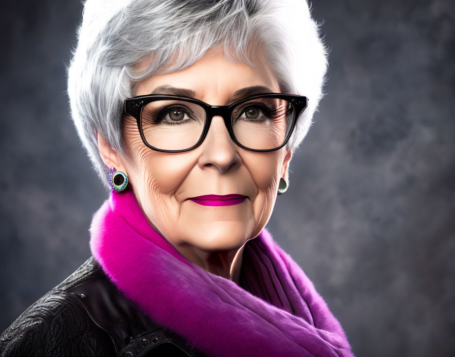 Stylish elder woman with gray hair, glasses, pink lipstick, purple scarf, and leather jacket