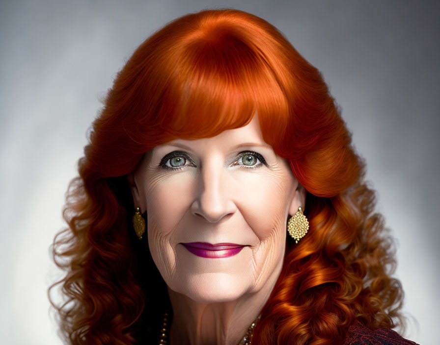 Smiling woman portrait with red hair, blue eyes, gold earrings, and magenta lipstick