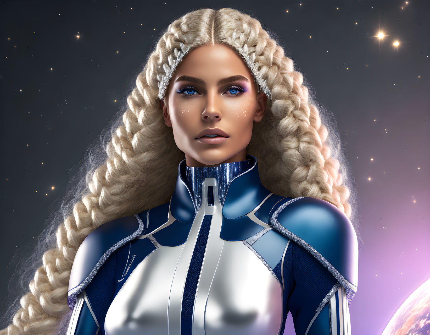 Digital artwork: Woman with long blond hair and blue eyes in futuristic suit against space backdrop