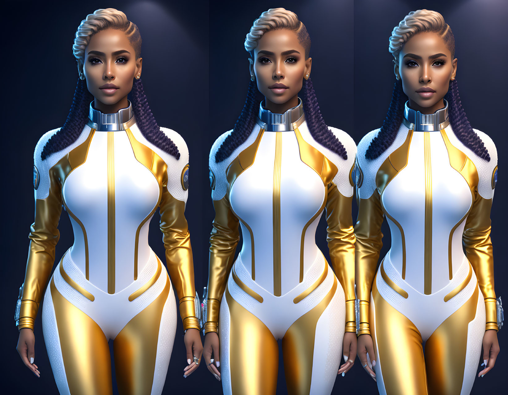 Futuristic triptych: Woman in braided hair, white and gold bodysuit on