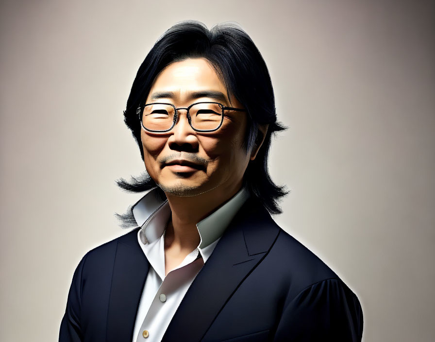 East Asian man with shoulder-length hair in glasses and dark suit on gradient backdrop