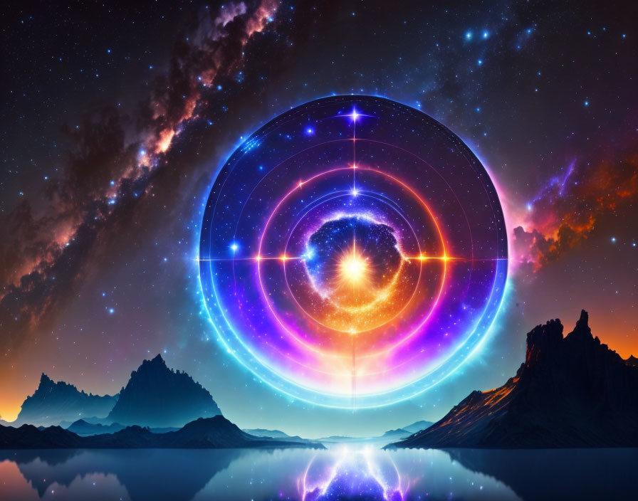 Surreal cosmic portal over serene mountain landscape