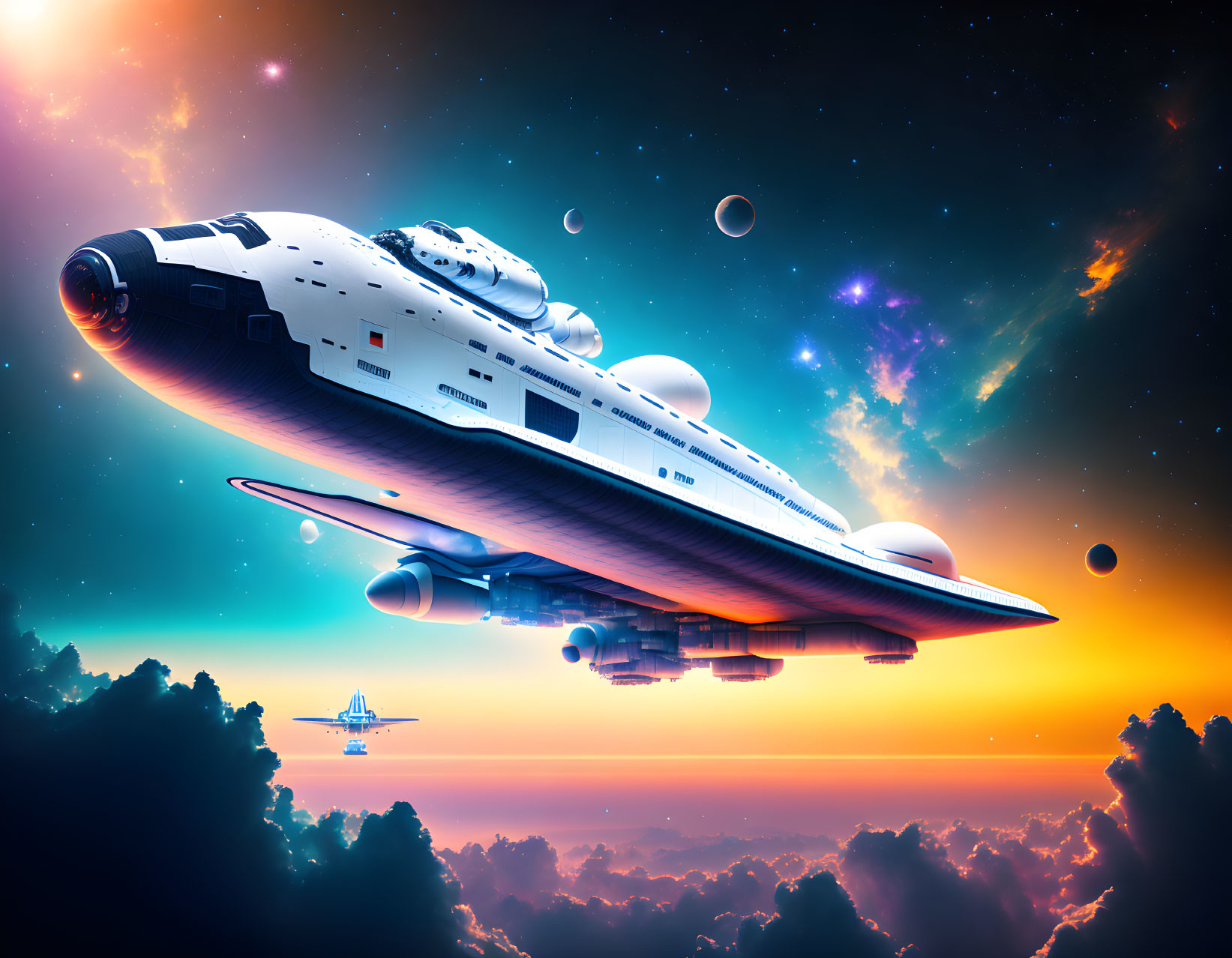 Colorful Space Scene with Detailed Spaceship and Planets