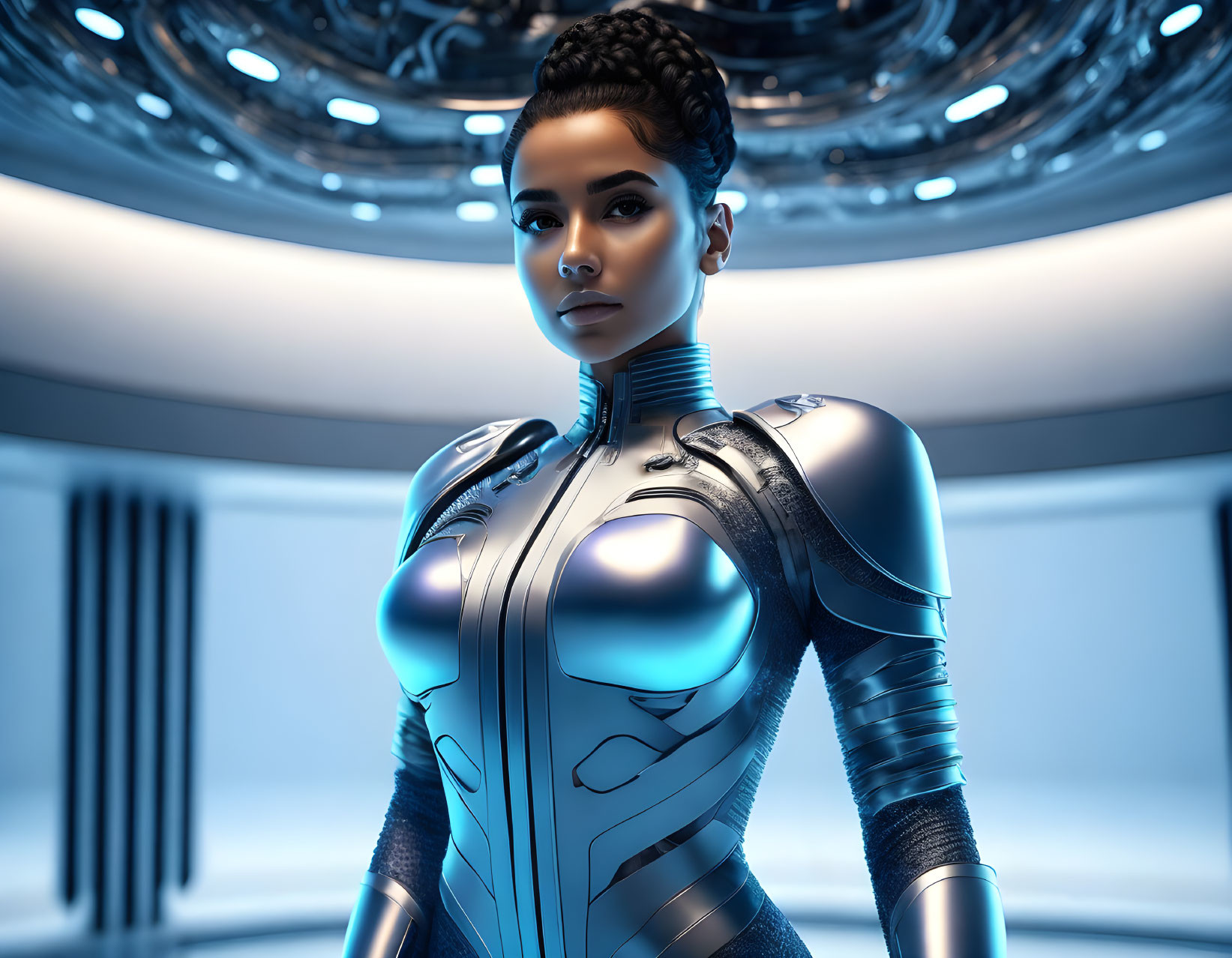 Detailed futuristic female character in cybernetic suit in sci-fi setting