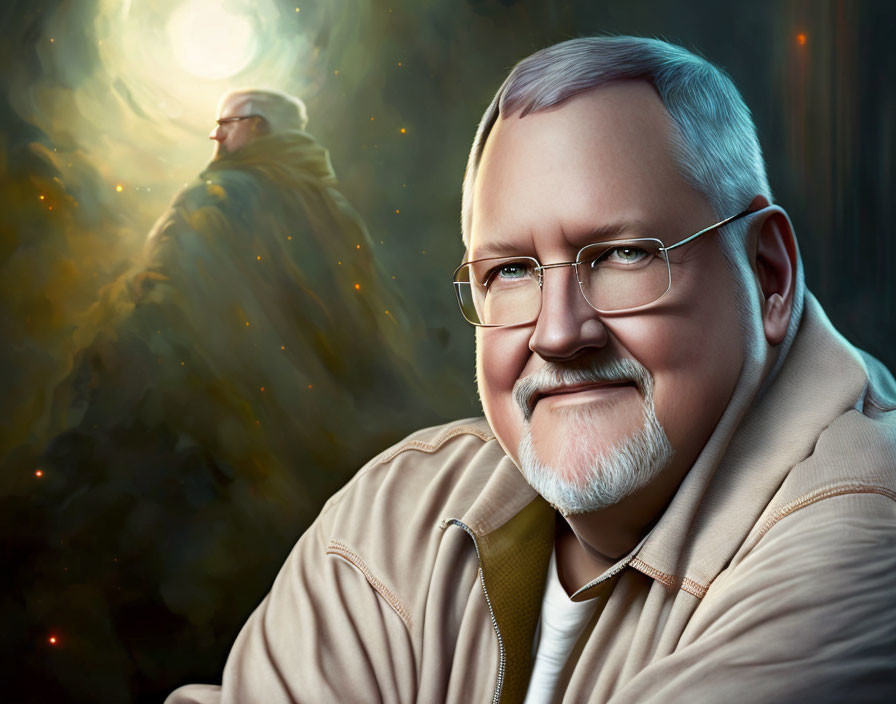 Smiling middle-aged man with glasses in digital painting