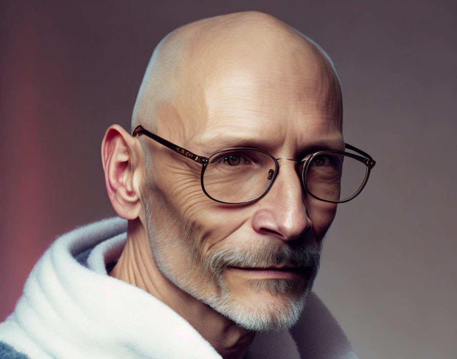 Bald man with goatee in glasses and high-neck sweater portrait