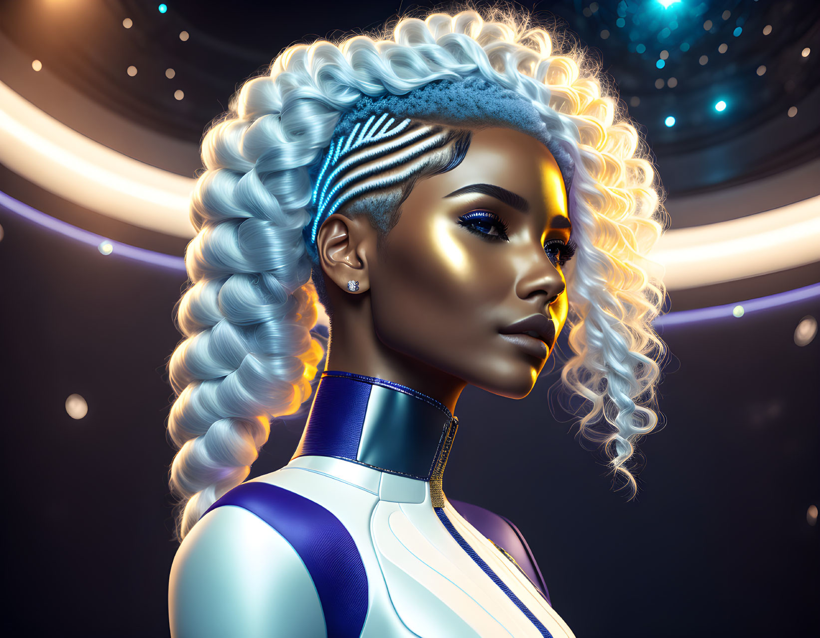 Futuristic woman with glowing skin and intricate cornrows in celestial setting