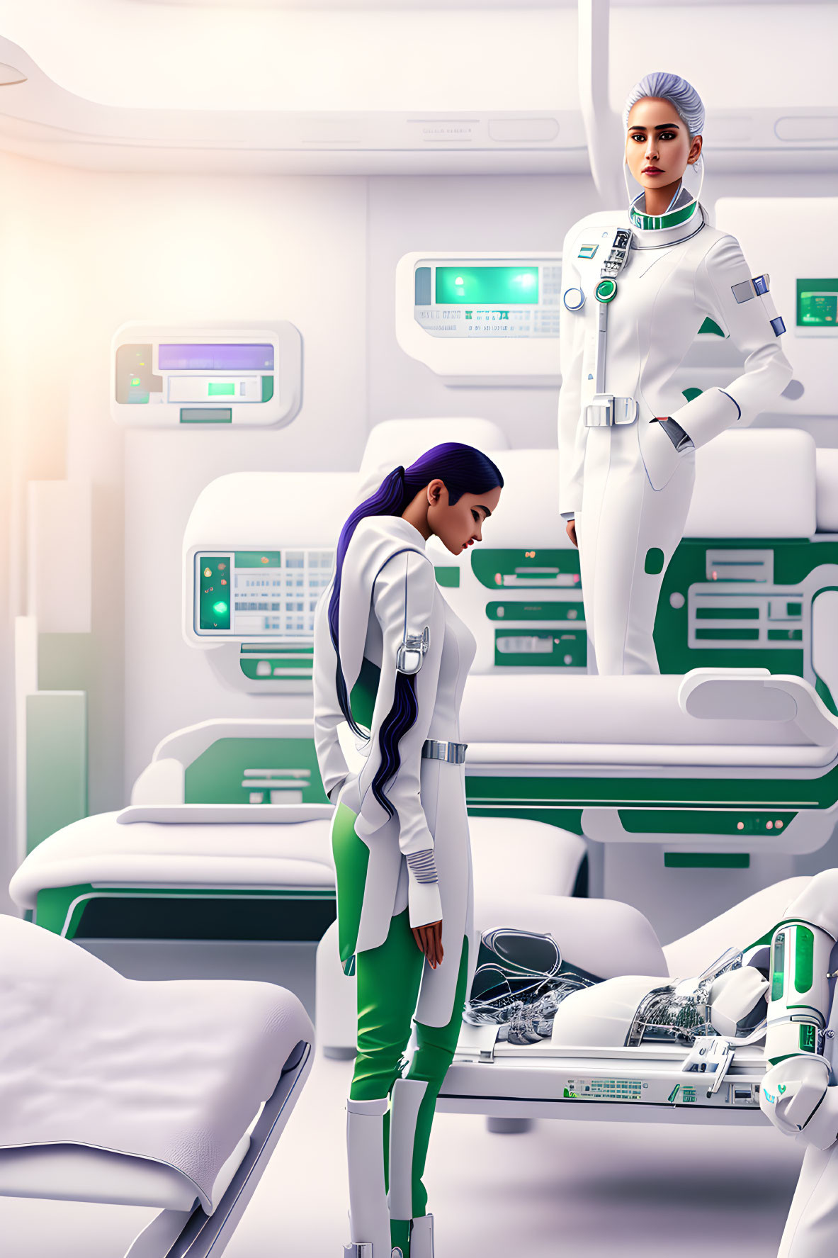 Two women in futuristic white medical uniforms in high-tech facility.