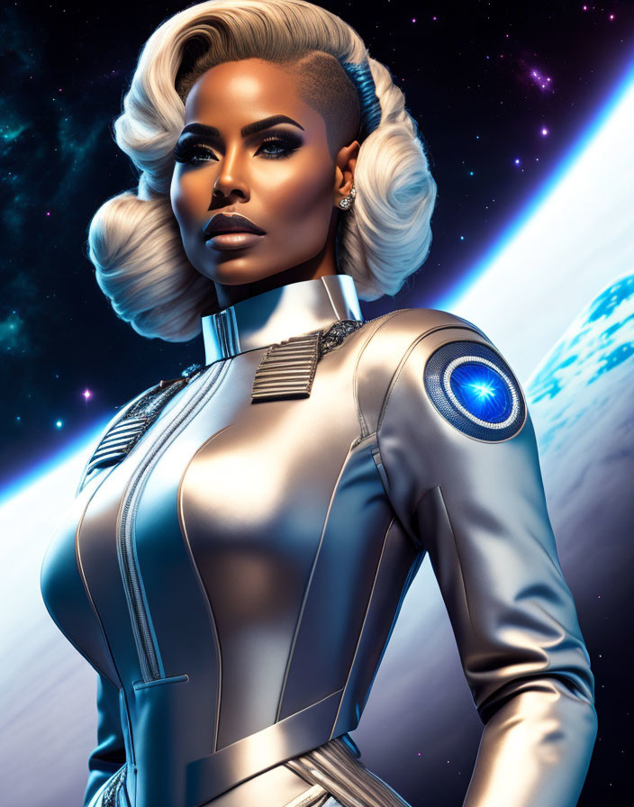 Stylized portrait of woman with white hair in silver space suit against starry backdrop