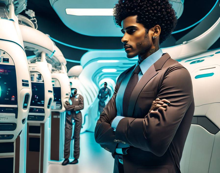 Bearded man in brown suit in futuristic room with pods and another person