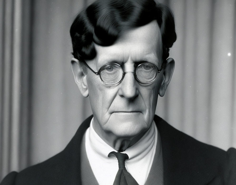 Monochrome portrait of man with dark hair and round glasses