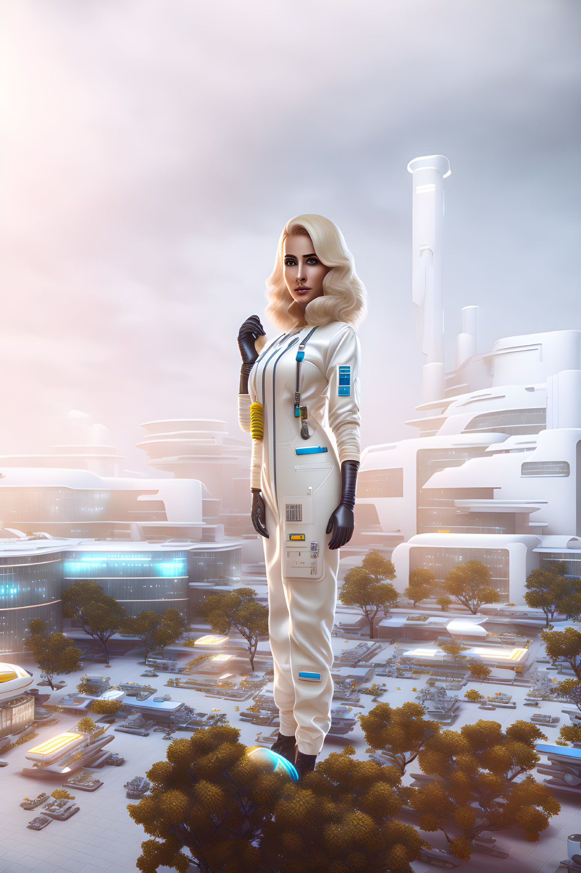 Futuristic astronaut in white and blue suit against modern cityscape