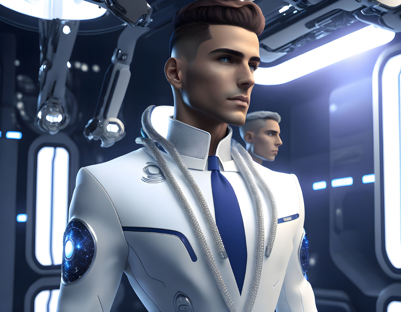 Male figure in futuristic uniform inside spacecraft corridor