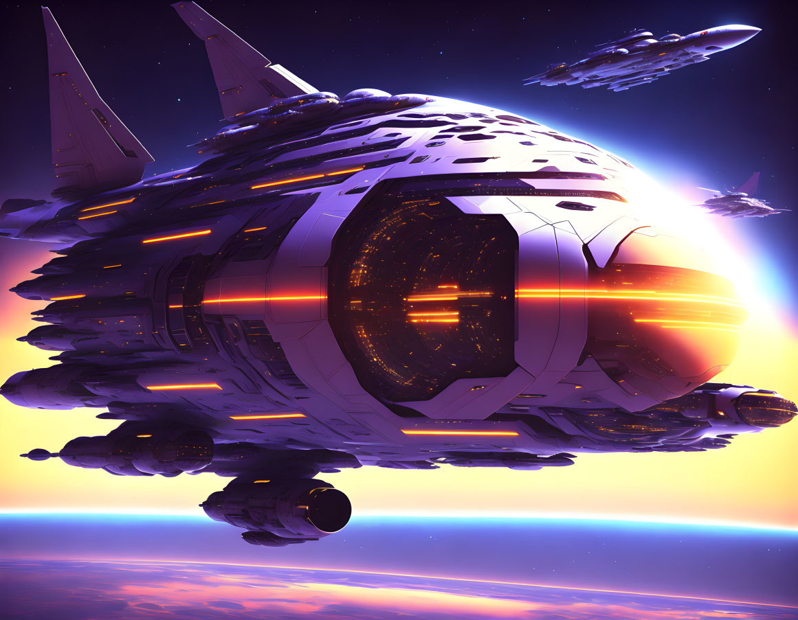 Futuristic spaceship with glowing orange windows in twilight sky with distant planets