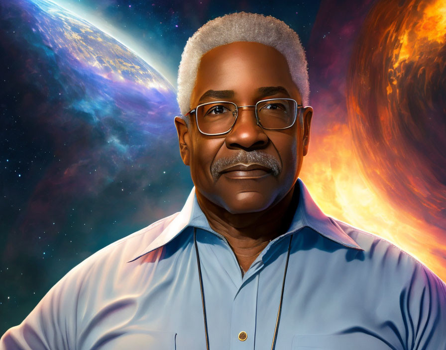 Elderly man with glasses in cosmic portrait.