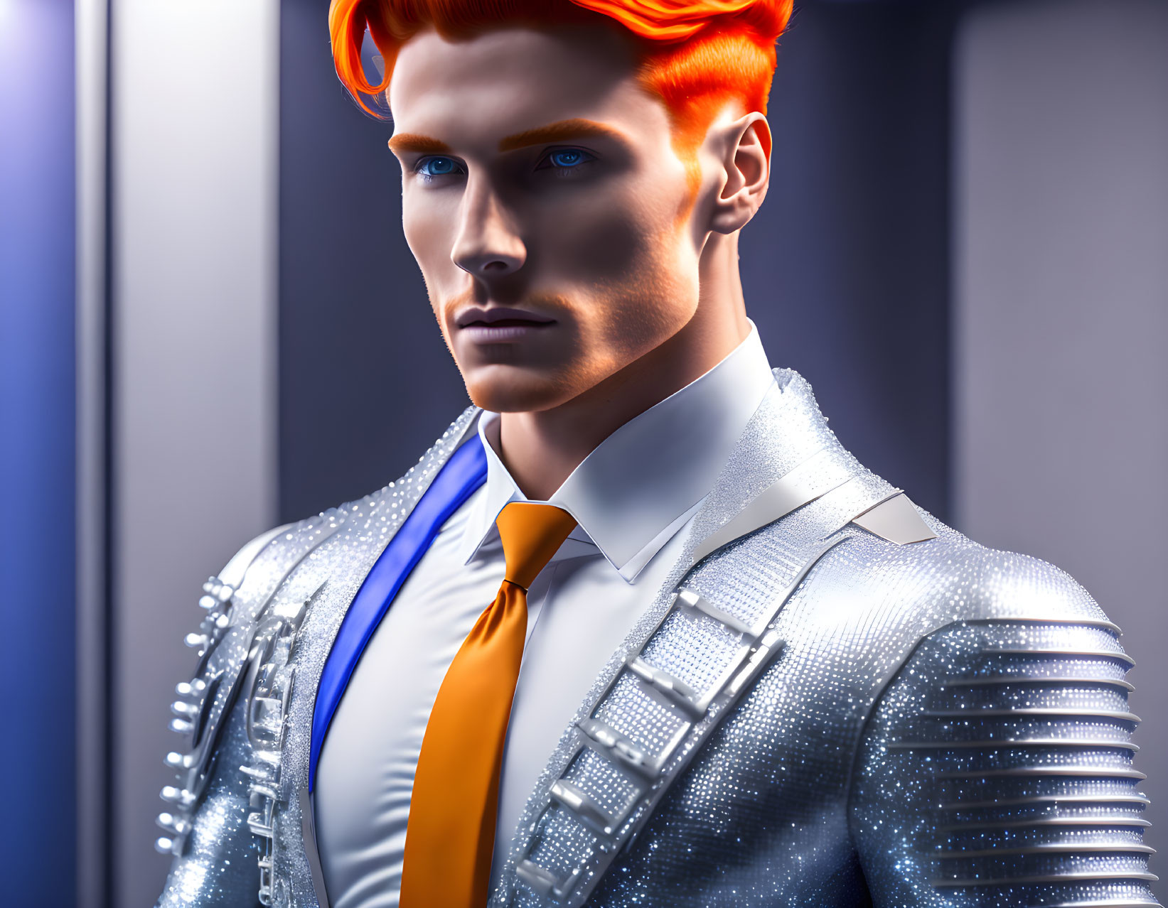 Fiery Orange-Haired Man in Futuristic Silver Suit Illustration