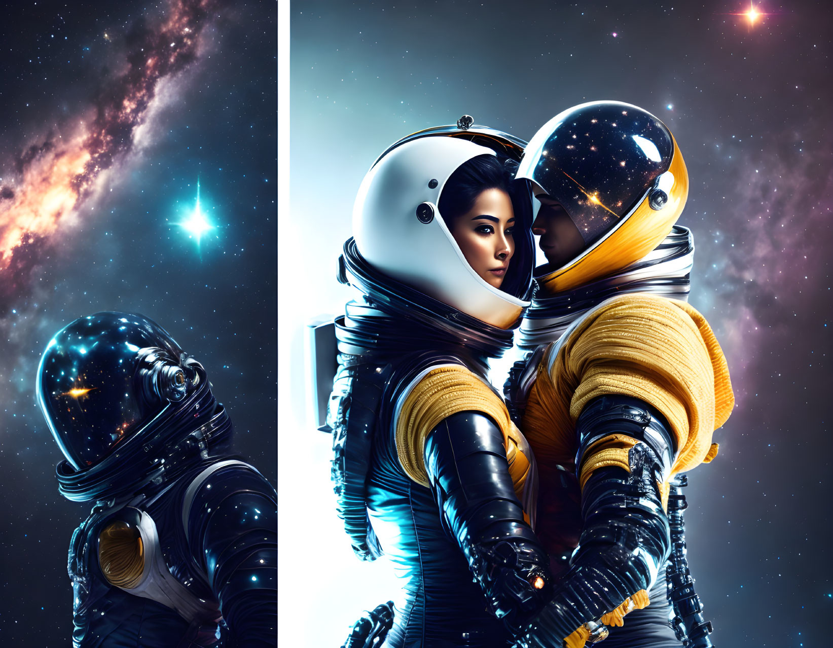 Astronauts in space suits touching helmets among stars and nebulae