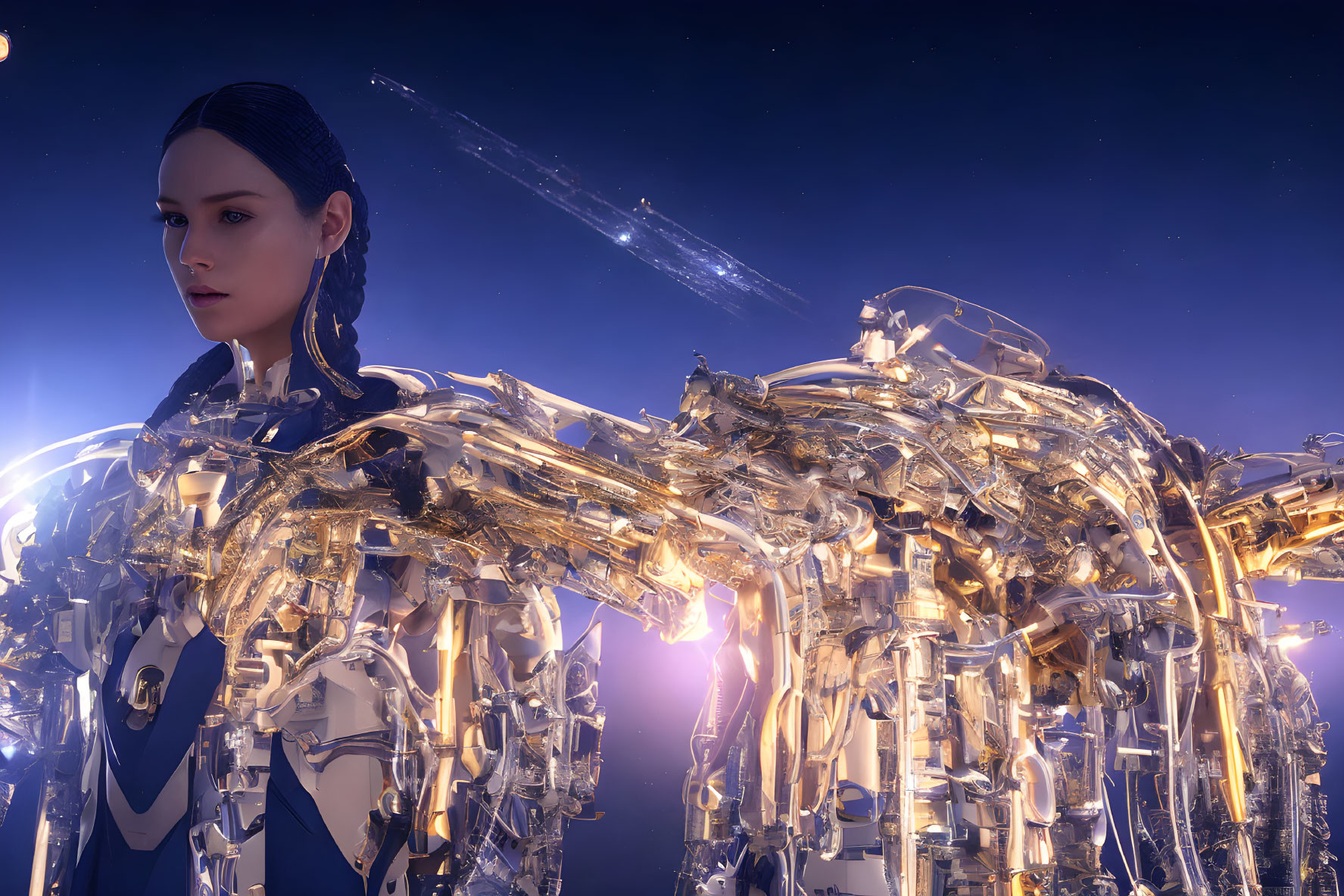 Futuristic female android with gold and blue machinery under night sky