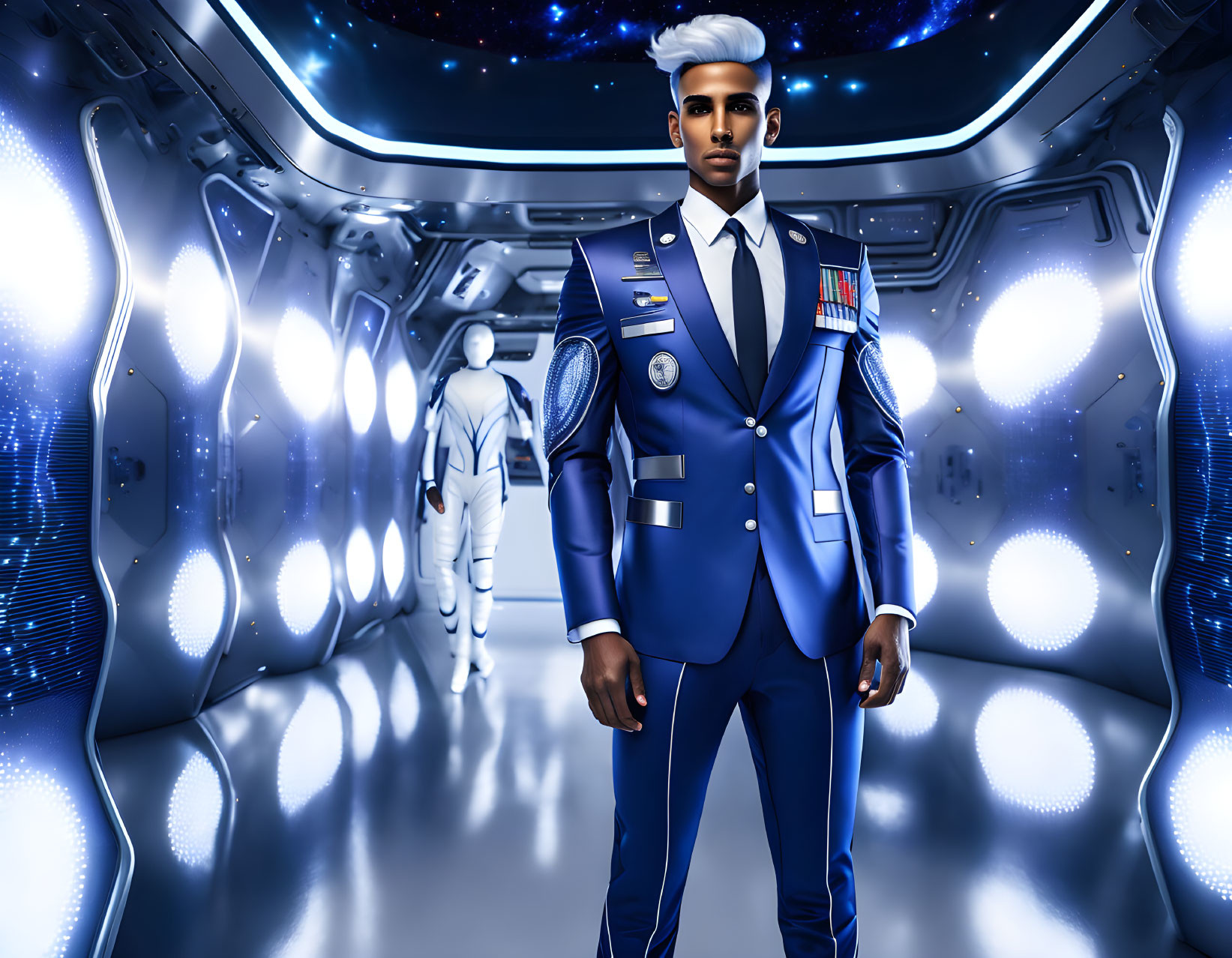 Futuristic blue uniform man in spaceship corridor with glowing panels