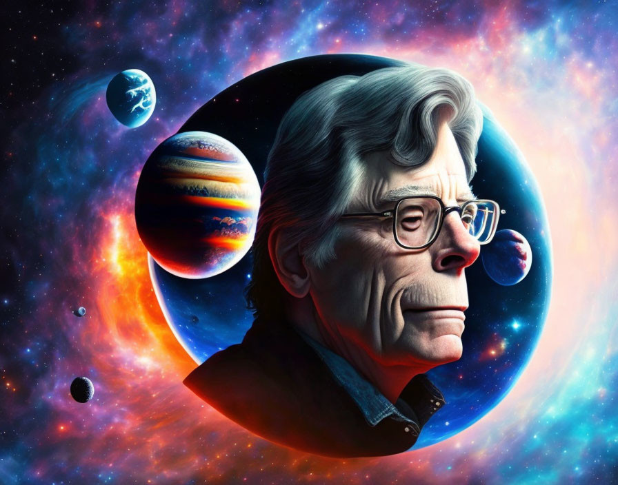 Colorful cosmic illustration of a man with glasses