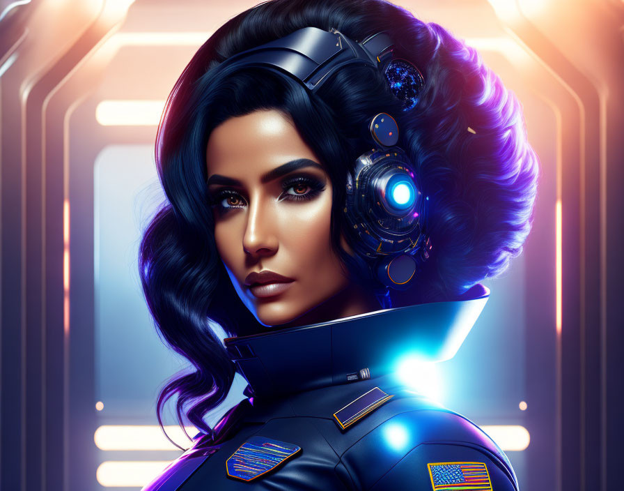 Futuristic woman with cybernetic headset and high-tech uniform in sci-fi corridor