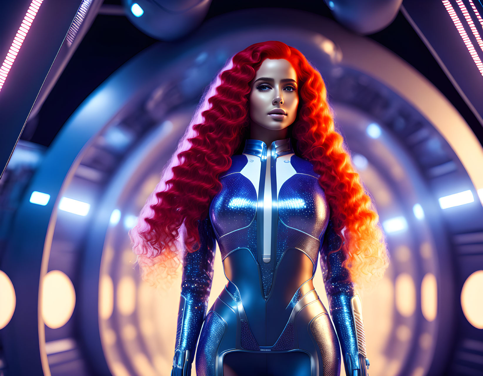 Futuristic female warrior with red hair in blue bodysuit against sci-fi tunnel backdrop