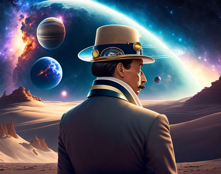 Surreal portrait: Victorian gentleman in cosmic desert landscape