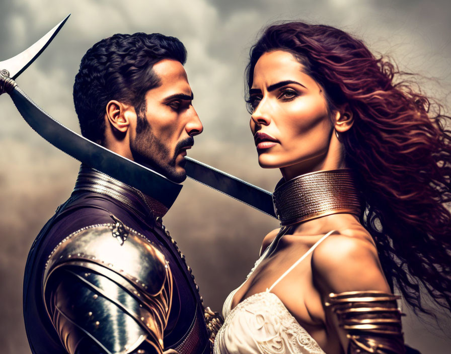 Medieval fantasy couple in armor with sword under dramatic sky