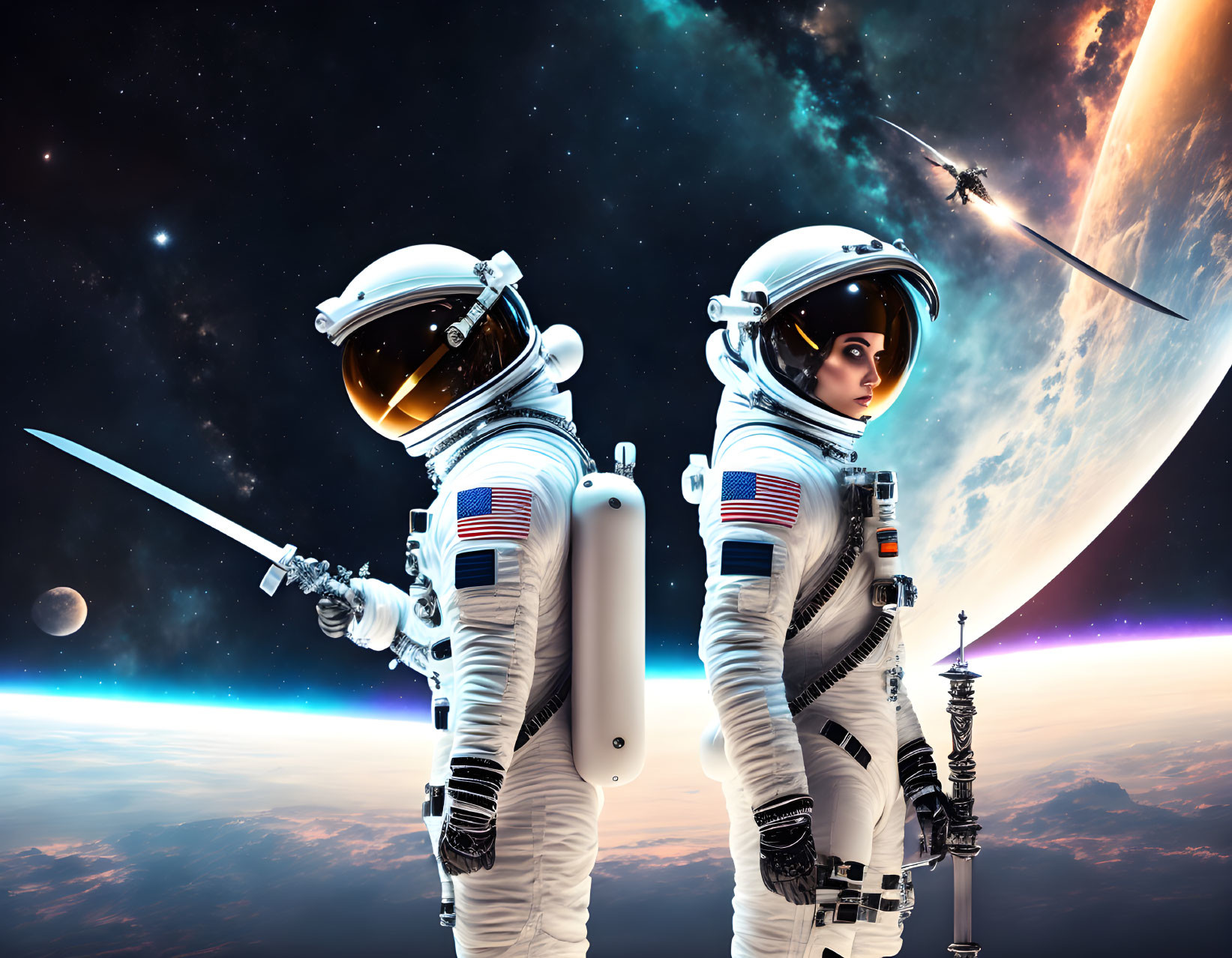 Astronauts in front of vibrant space vista with planets, starship, and space station.