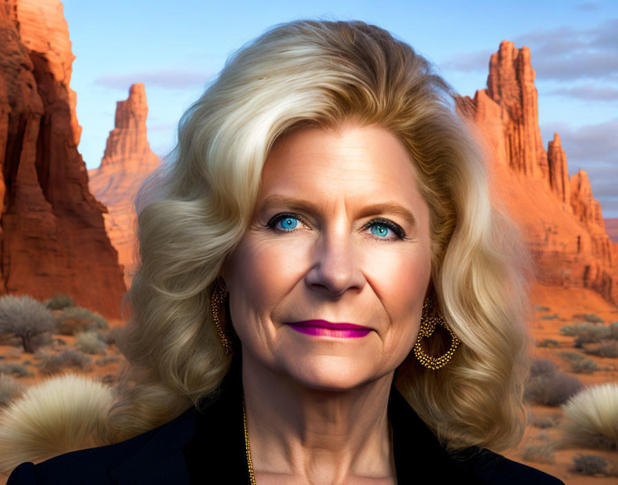 Blond Woman Portrait with Gold Earrings in Desert Setting