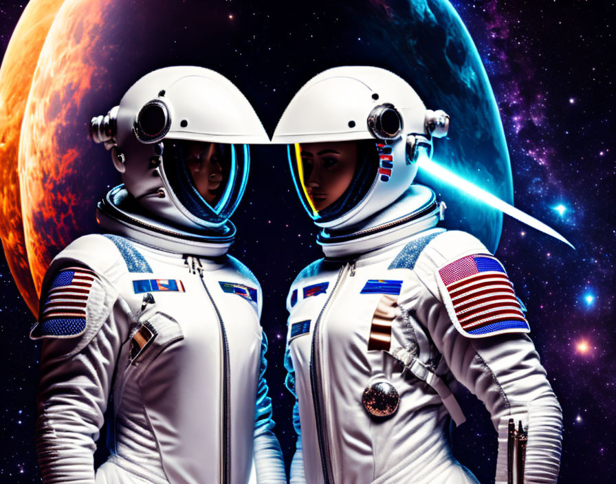 Astronauts in white spacesuits with flag patches in cosmic scene