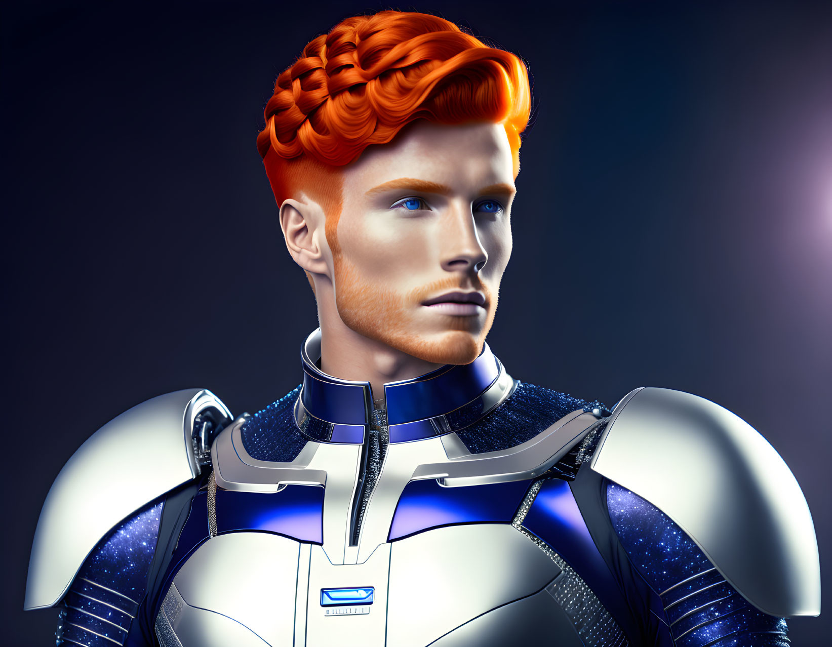 Male digital illustration: vibrant red hair in intricate braid, futuristic blue & white suit