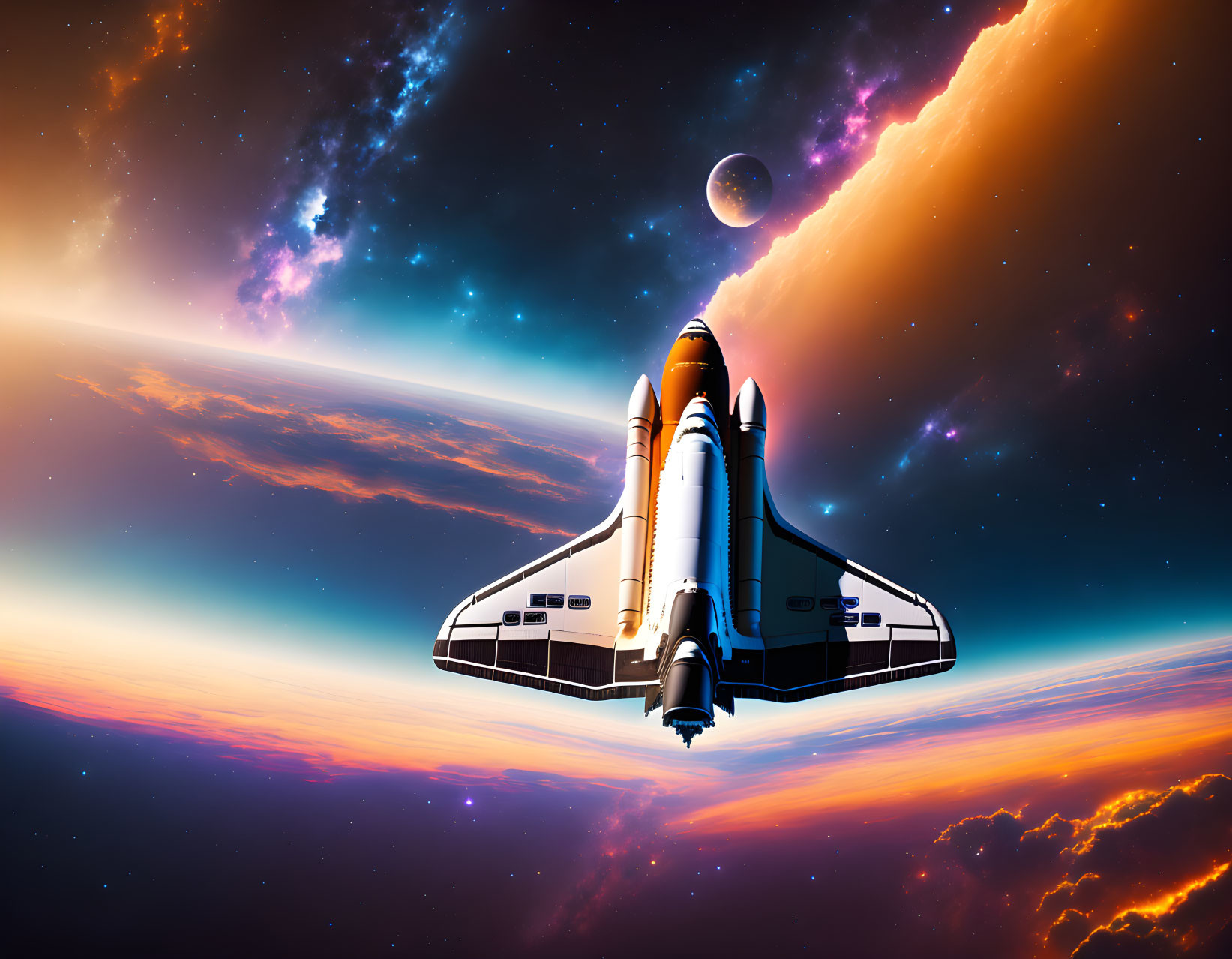 Space Shuttle Flying Through Vibrant Cosmic Sky