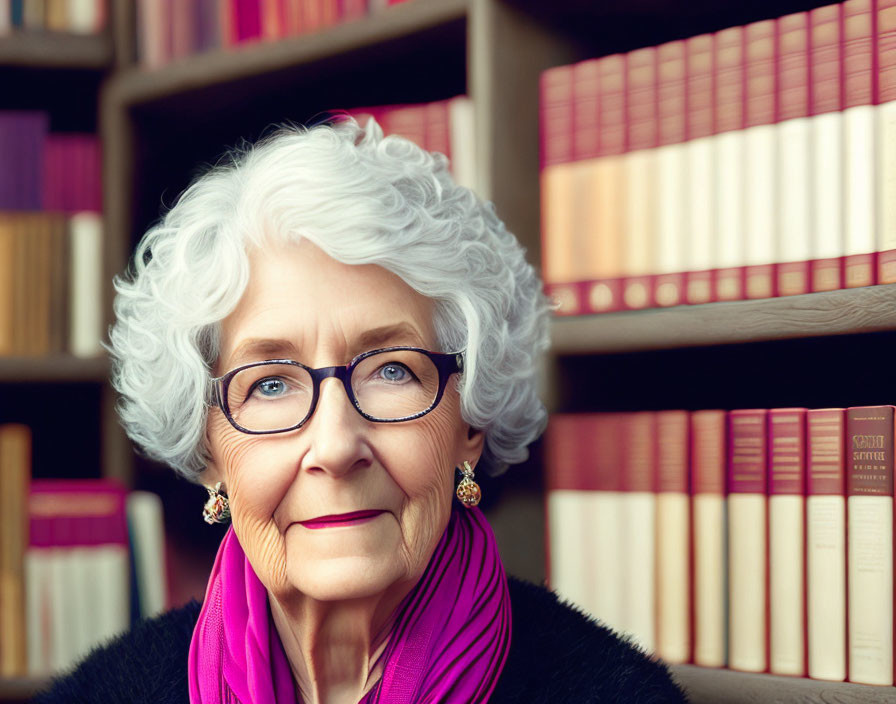 Elderly woman with white hair and glasses smiling in front of bookshelf