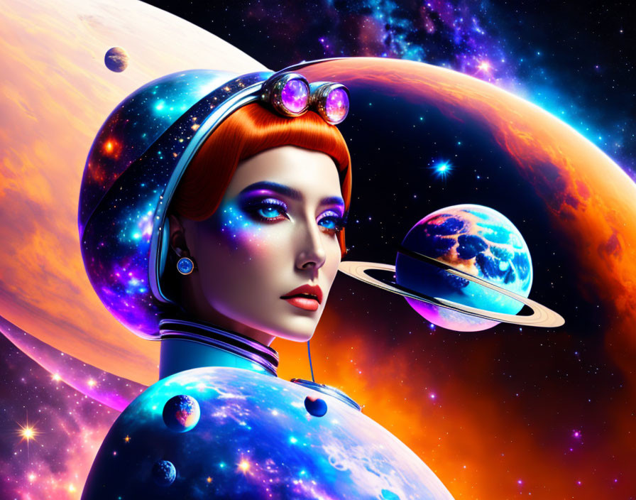 Sci-fi illustration of a woman in futuristic space helmet among colorful planets and stars