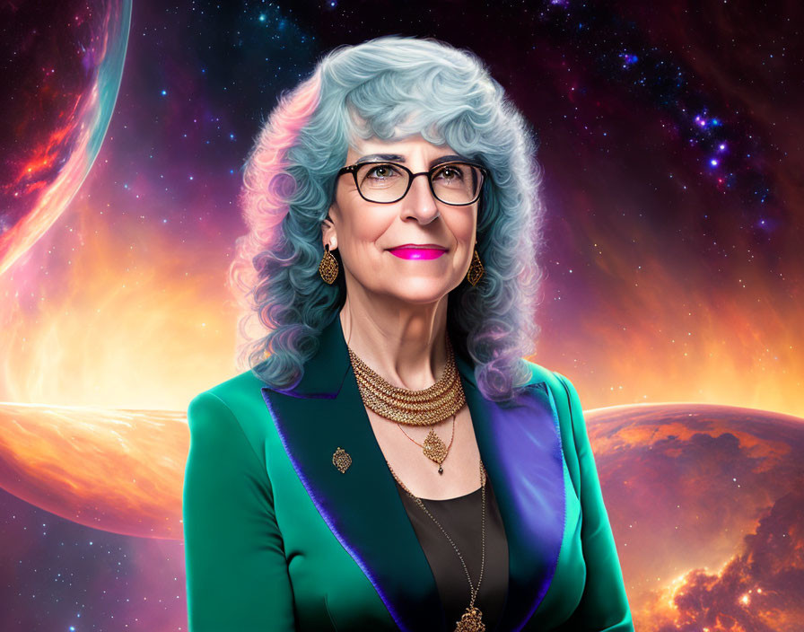 Smiling woman with blue hair and glasses in teal blazer against cosmic backdrop