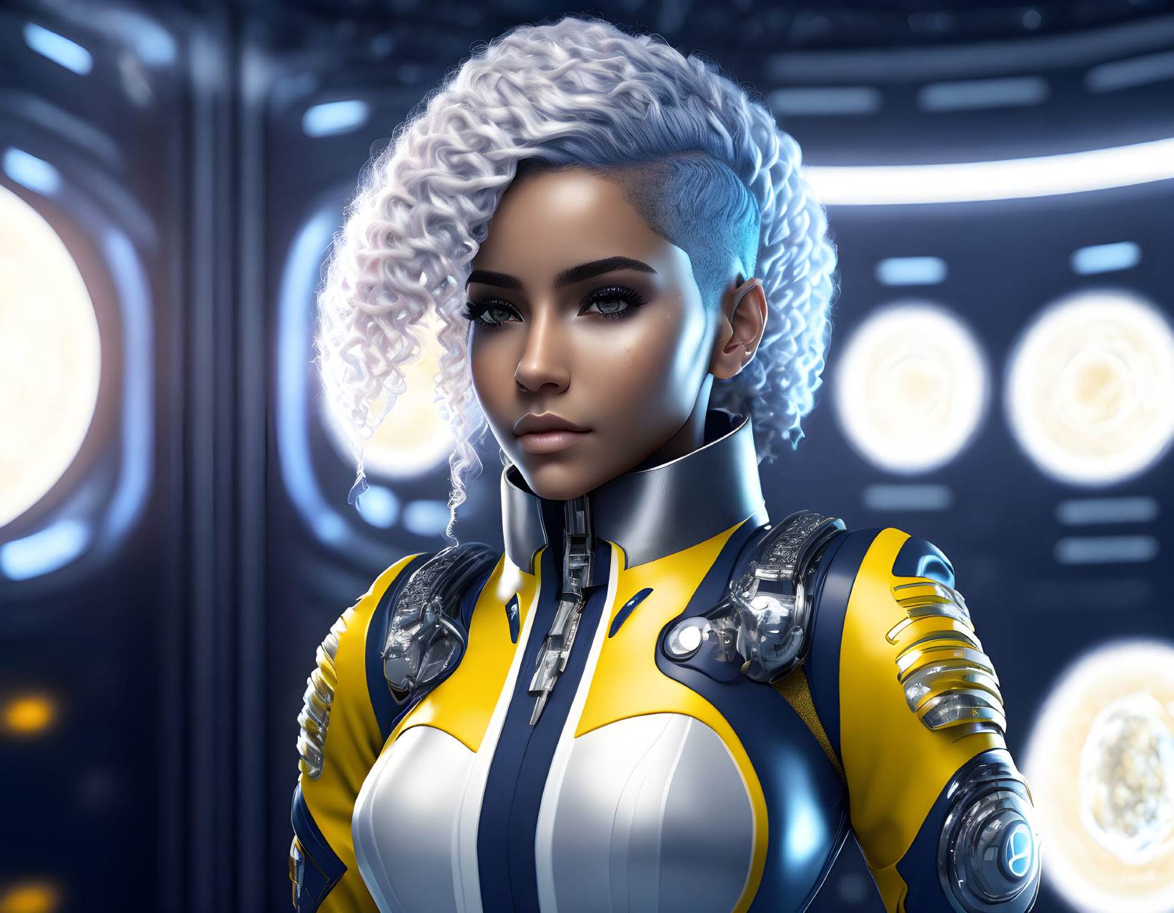 Futuristic digital artwork of female with white curly hair in yellow and silver space suit