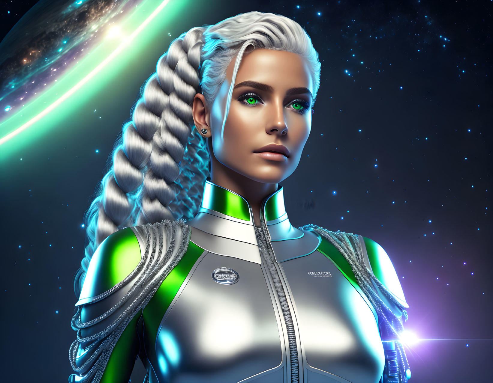 Platinum Braided Hair Female in Silver Spacesuit on Cosmic Background