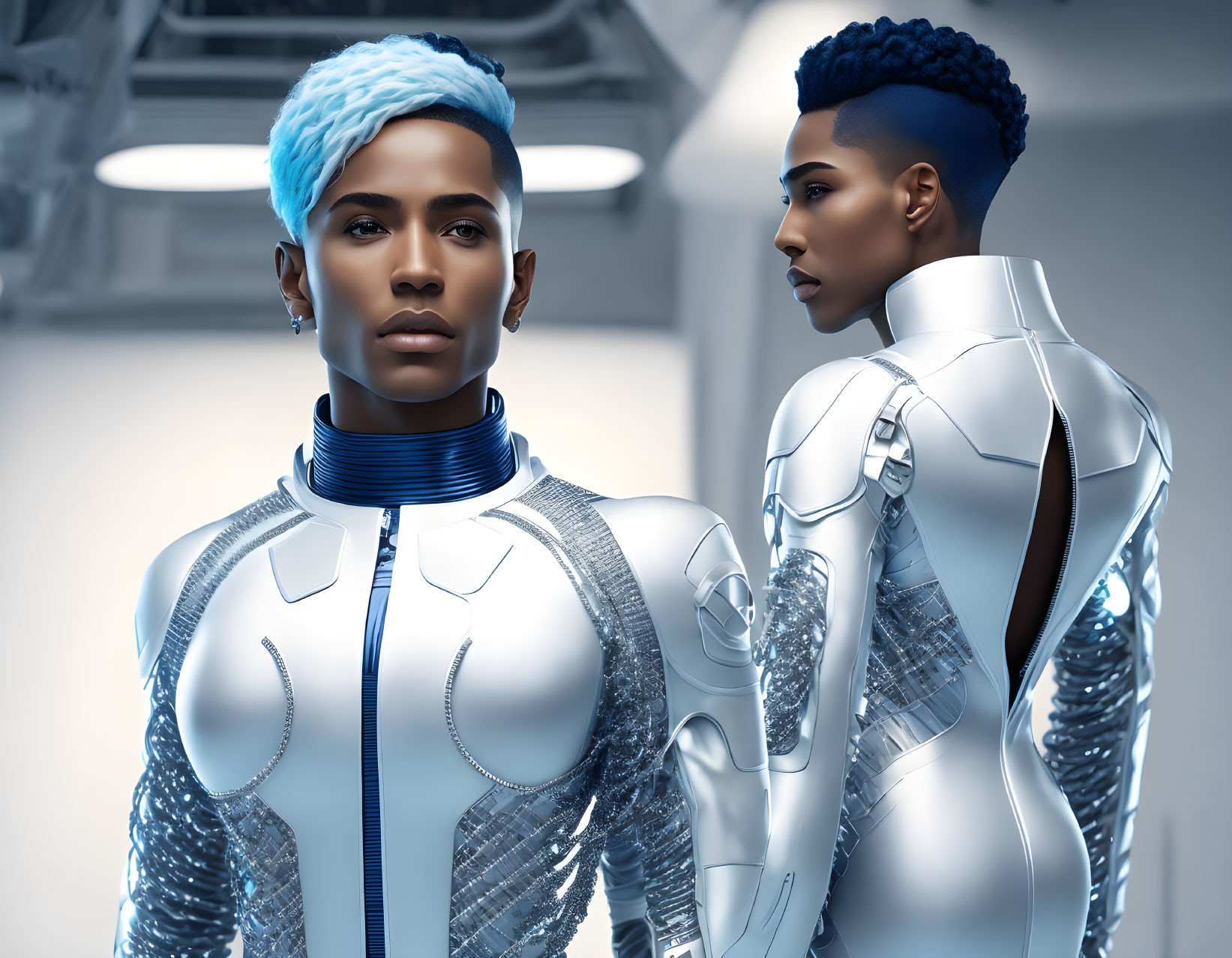 Futuristic individuals with blue hair in high-tech suits in sleek interior